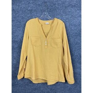 Mote Gauze Henley Blouse Women Large Yellow Excellent Long Sleeve Cotton Top